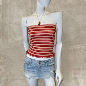 Y2K Striped Smocked Tube Top Ruffle Trim Stretch Bandeau One Size